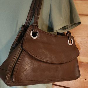 Vintage Anne Klein Chocolate Brown Leather Shoulder Bag with Silver Accents